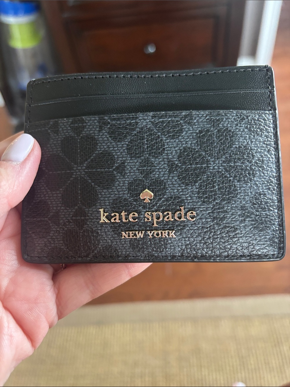 kate spade Black Textured Floral Card Case with Gold Logo